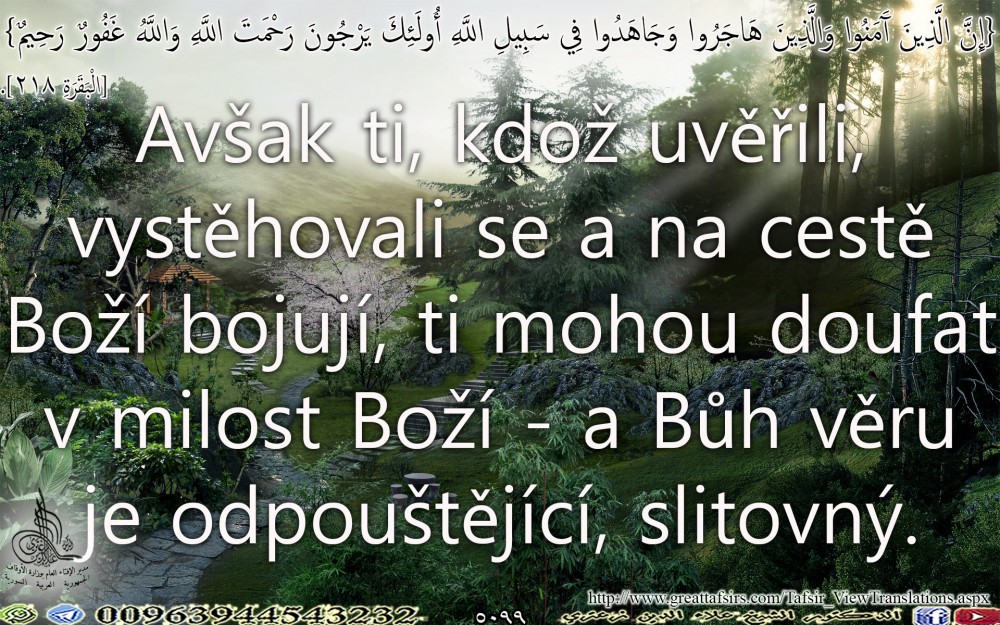 {إِنَّ الَّذِينَ آَمَنُوا وَالَّذِينَ هَاجَرُوا وَجَاهَدُوا فِي سَبِيلِ اللَّهِ أُولَئِكَ يَرْجُونَ رَحْمَتَ اللَّهِ وَاللَّهُ غَفُورٌ رَحِيمٌ} [الْبَقَرَةِ 218]. تشيكي.